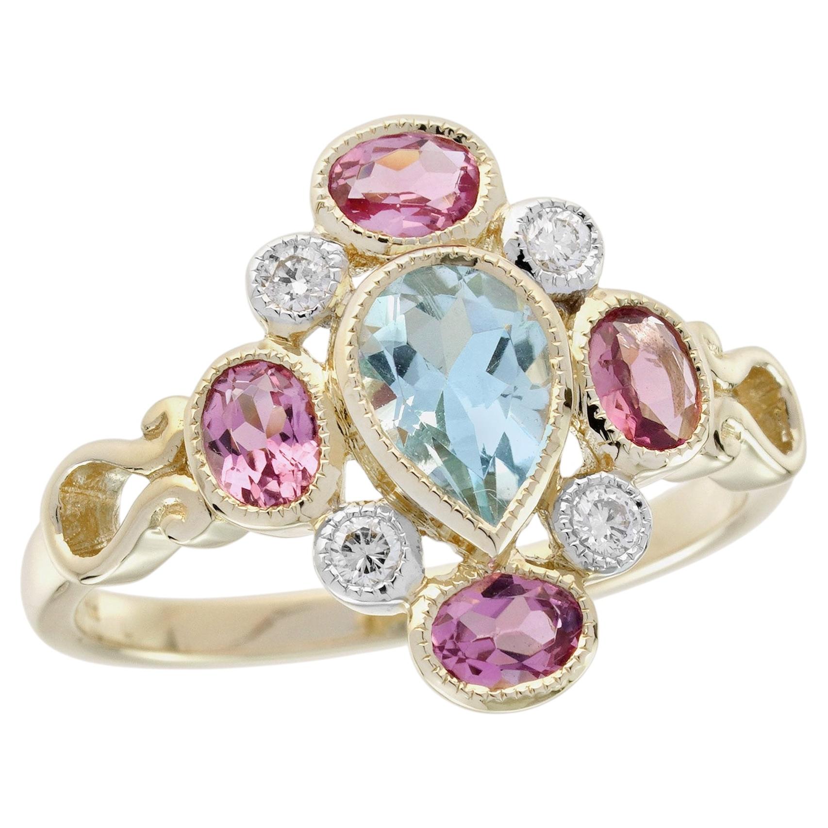 14K Yellow Gold Solid Blue Topaz Pink Tourmaline Diamond Vintage Style Ring