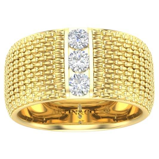 14K Yellow Gold Solid Classic Patterned Diamond Cigar Ring Band For Sale