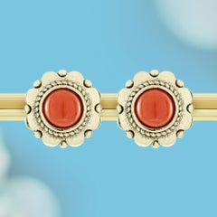 14K Yellow Gold Solid Coral Vintage Style Stud Floral Earrings