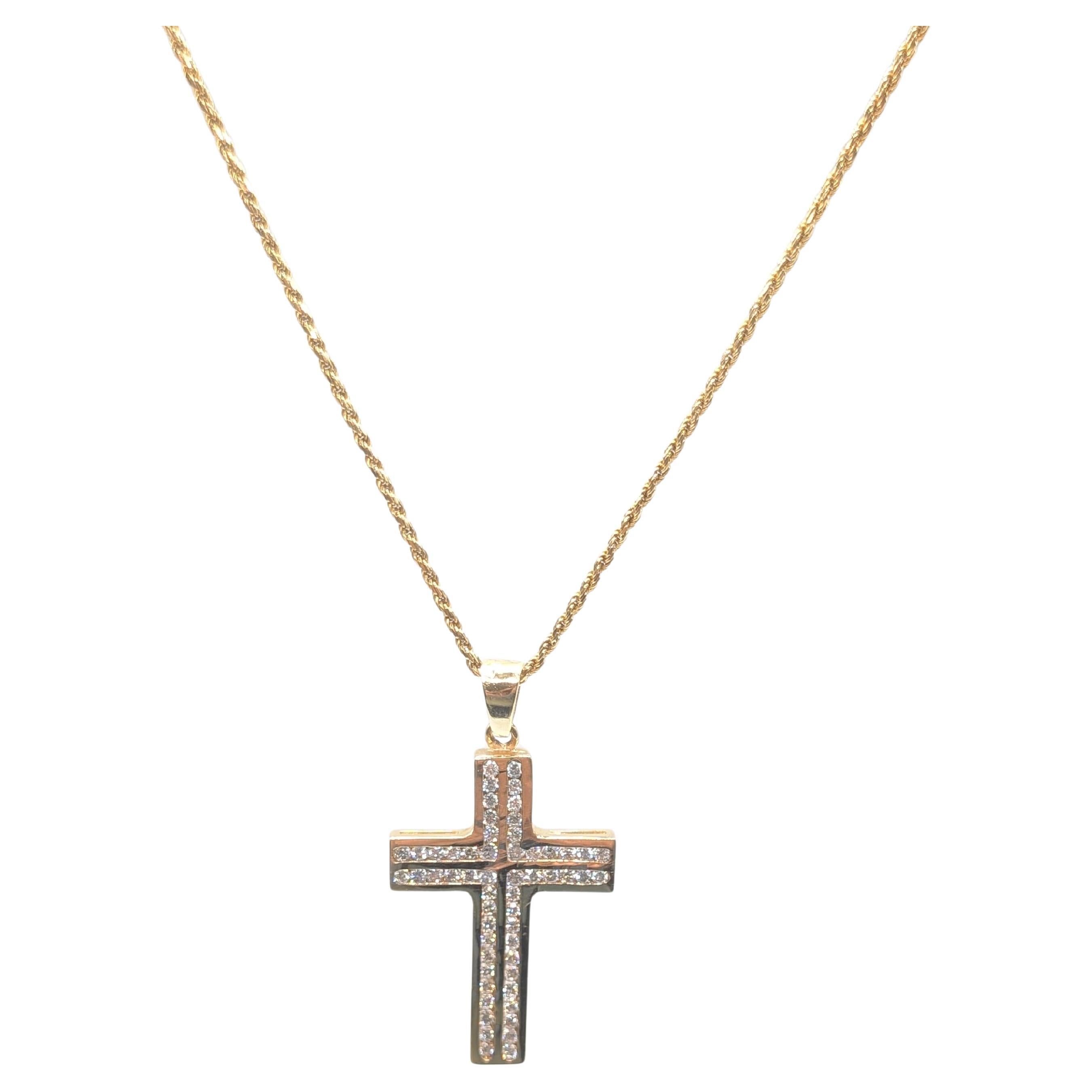 14k Yellow Gold Solid Diamond Cross For Sale
