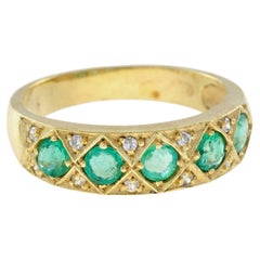 14K Yellow Gold Solid Emerald Diamond Victorian Style Five Stone Band Ring