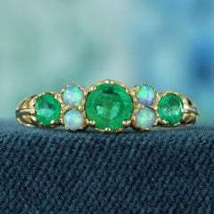 14K Yellow Gold Solid Emerald Opal Vintage Style Three Stone Ring