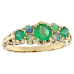 14K Yellow Gold Solid Emerald Opal Vintage Style Three Stone Ring