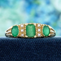 14K Yellow Gold Solid Emerald Pearl Victorian Style Three Stone Ring