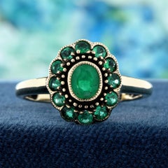 14K Yellow Gold Solid Emerald Victorian Style Floral Halo Ring