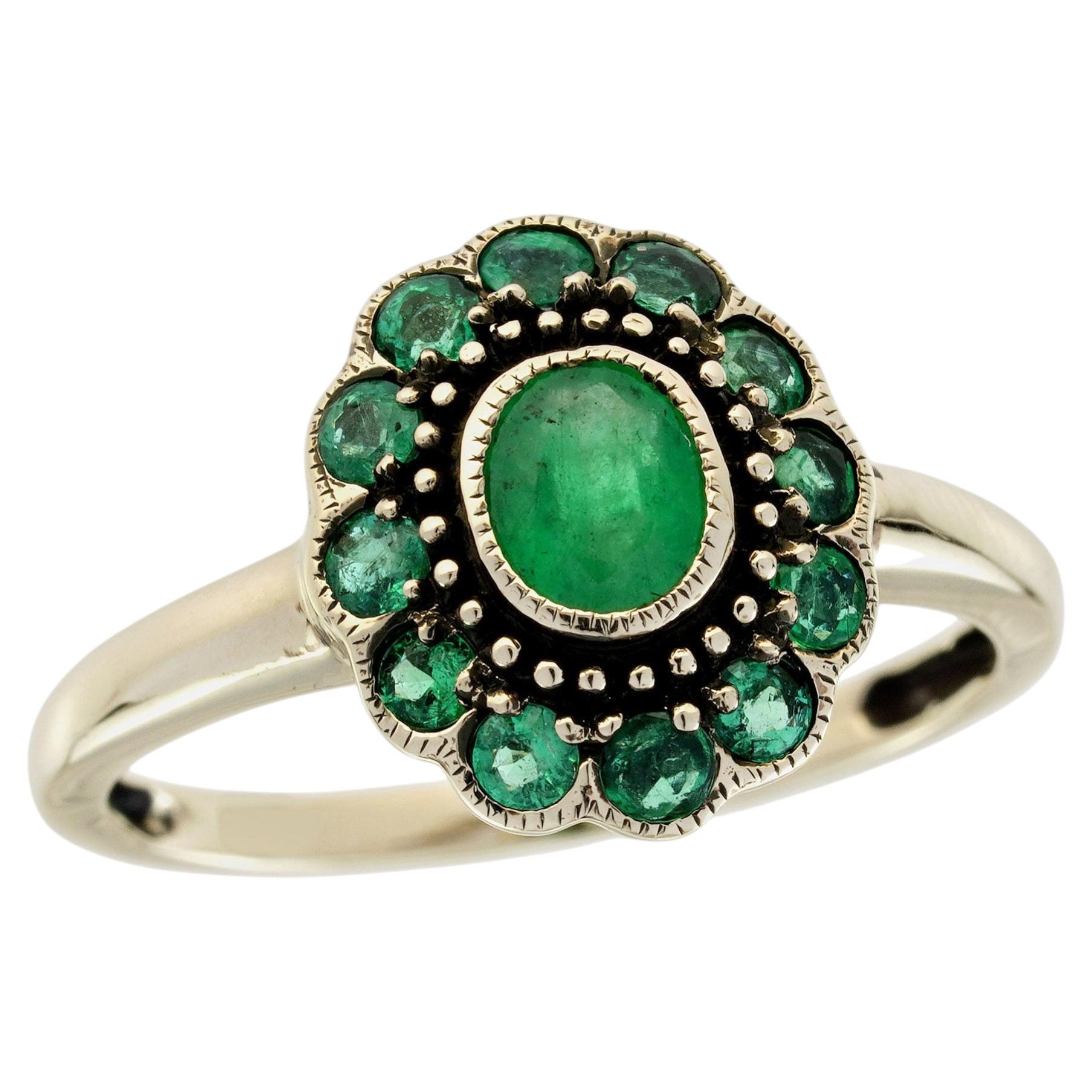 14K Yellow Gold Solid Emerald Victorian Style Floral Halo Ring