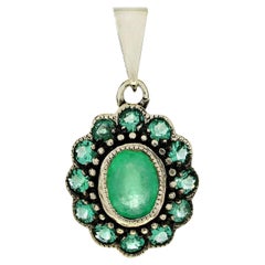 14K Yellow Gold Solid Emerald Victorian Style Halo Pendant Necklace
