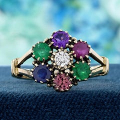 14K Yellow Gold Solid Multi Gemstone Vintage Style Floral Cluster Ring