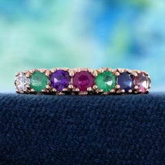 14K Yellow Gold Solid Multi Gemstone Vintage Style Ring