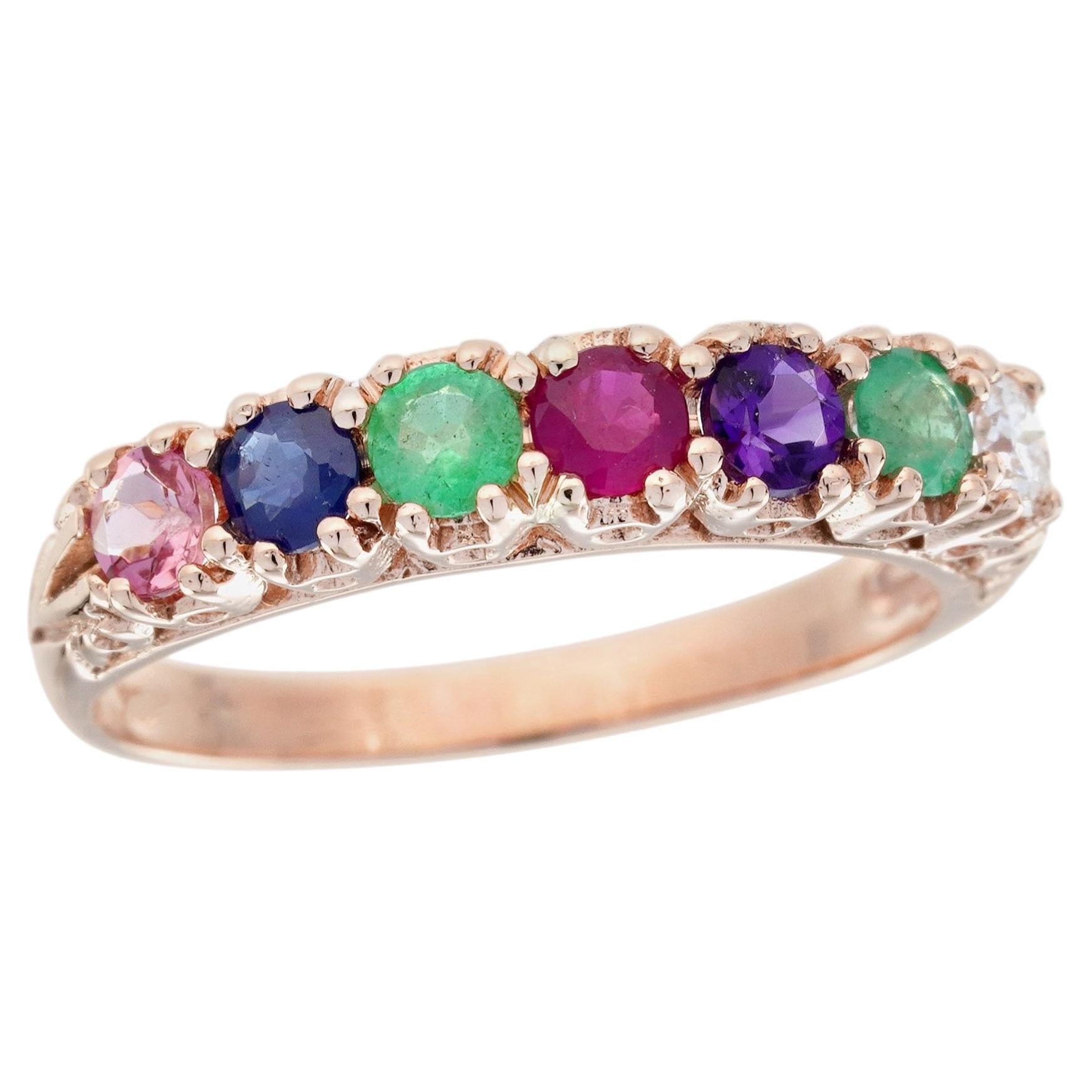 14K Rose Gold Solid Multi Gemstone Vintage Style Ring For Sale