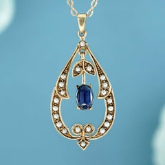 14K Yellow Gold Solid Natural Cabochon Sapphire and Pearl Vintage Style Pendant