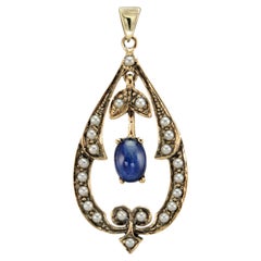 14K Yellow Gold Solid Natural Cabochon Sapphire and Pearl Vintage Style Pendant