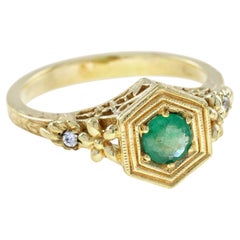 14K Gelbgold Massiv Natürlicher Smaragd Diamant Vintage Style Solitär Ring