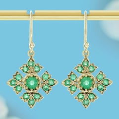 14K Gelbgold Solid Natural Emerald Viictorian Style Floral Drop Ohrringe