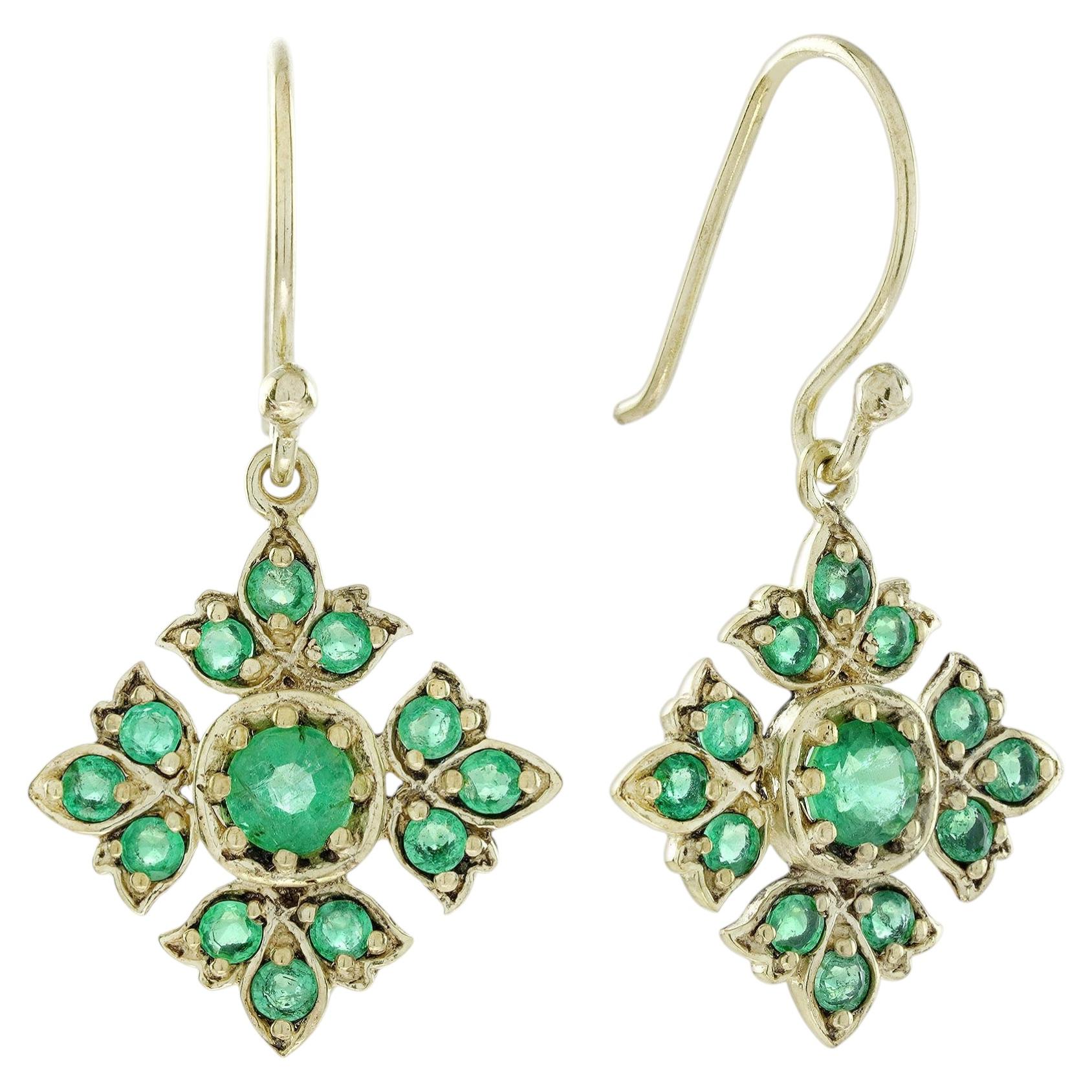 14K Yellow Gold Solid Natural Emerald Viictorian Style Floral Drop Earrings For Sale