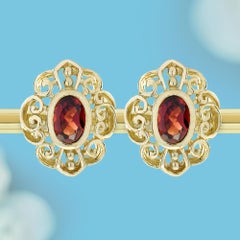 14K Yellow Gold Solid Natural Garnet Vintage Style Floral Filigree Stud Earrings