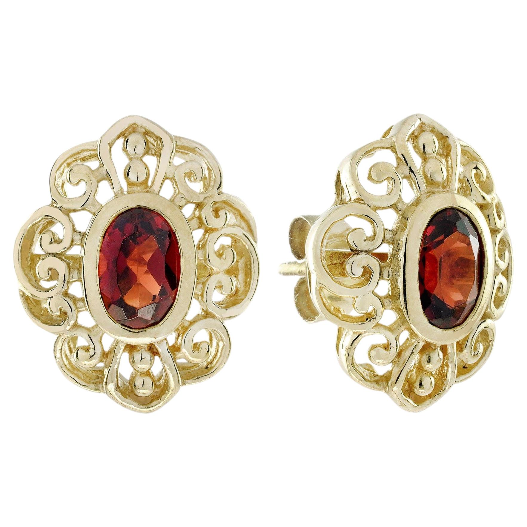 14K Gelbgold Massiv Natürlicher Granat Vintage Style Floral Filigran Ohrstecker