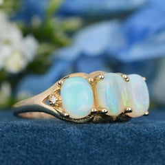 14K Yellow Gold Solid Natural Opal and Diamond Vintage Style Three Stone Ring