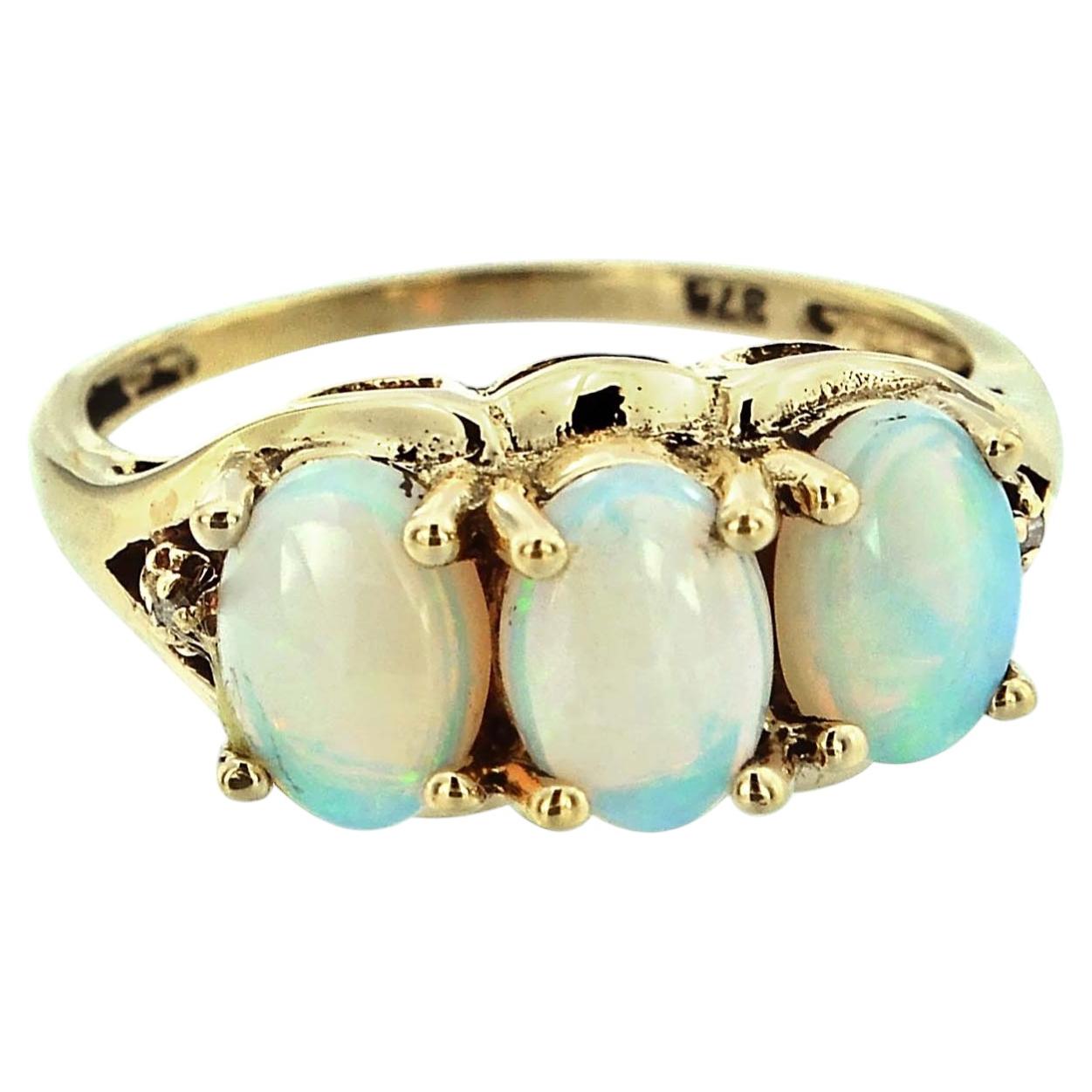 Bague à trois pierres en or jaune 14K massif, opale naturelle et diamant, style vintage