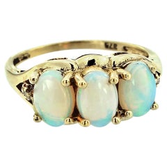 14K Yellow Gold Solid Natural Opal and Diamond Vintage Style Three Stone Ring