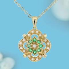 14K Gelbgold massiv natürliche Perle Smaragd florale Form Vintage Style Anhänger
