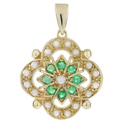 14K Gelbgold massiv natürliche Perle Smaragd florale Form Vintage Style Anhänger