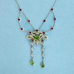 14K Yellow Gold Solid Natural Peridot Ruby Diamond Victorian Style Necklace