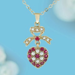 Ruby Pearl Heart Pendant with Bow Motif in 14K Yellow Gold