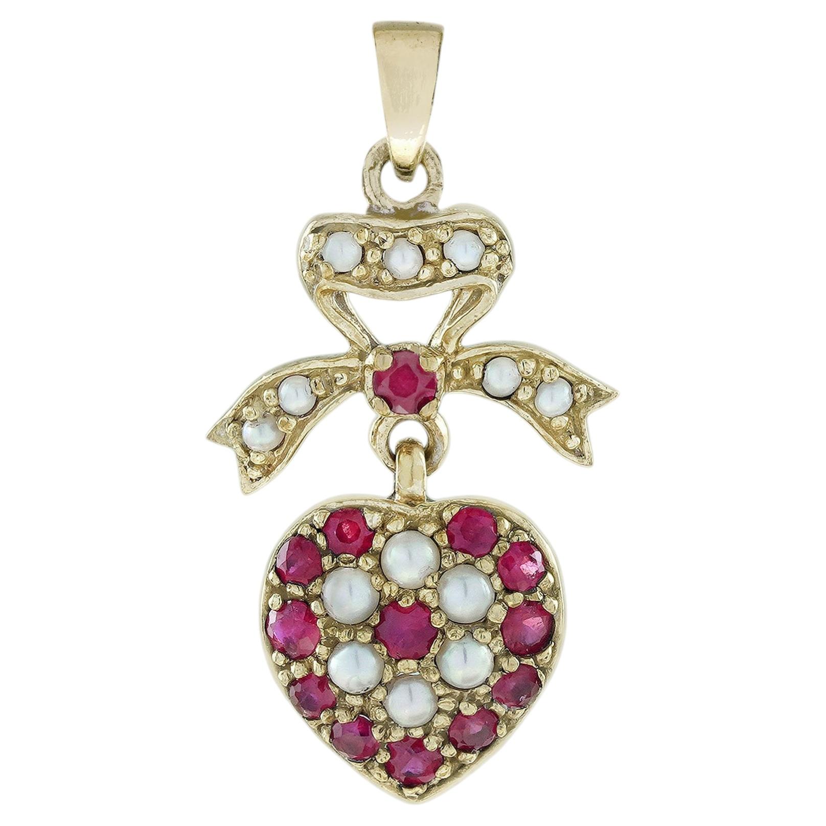 Ruby Pearl Heart Pendant with Bow Motif in 14K Yellow Gold