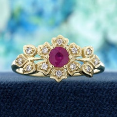 14K Yellow Gold Solid Natural Ruby Diamond Vintage Style Floral Ring