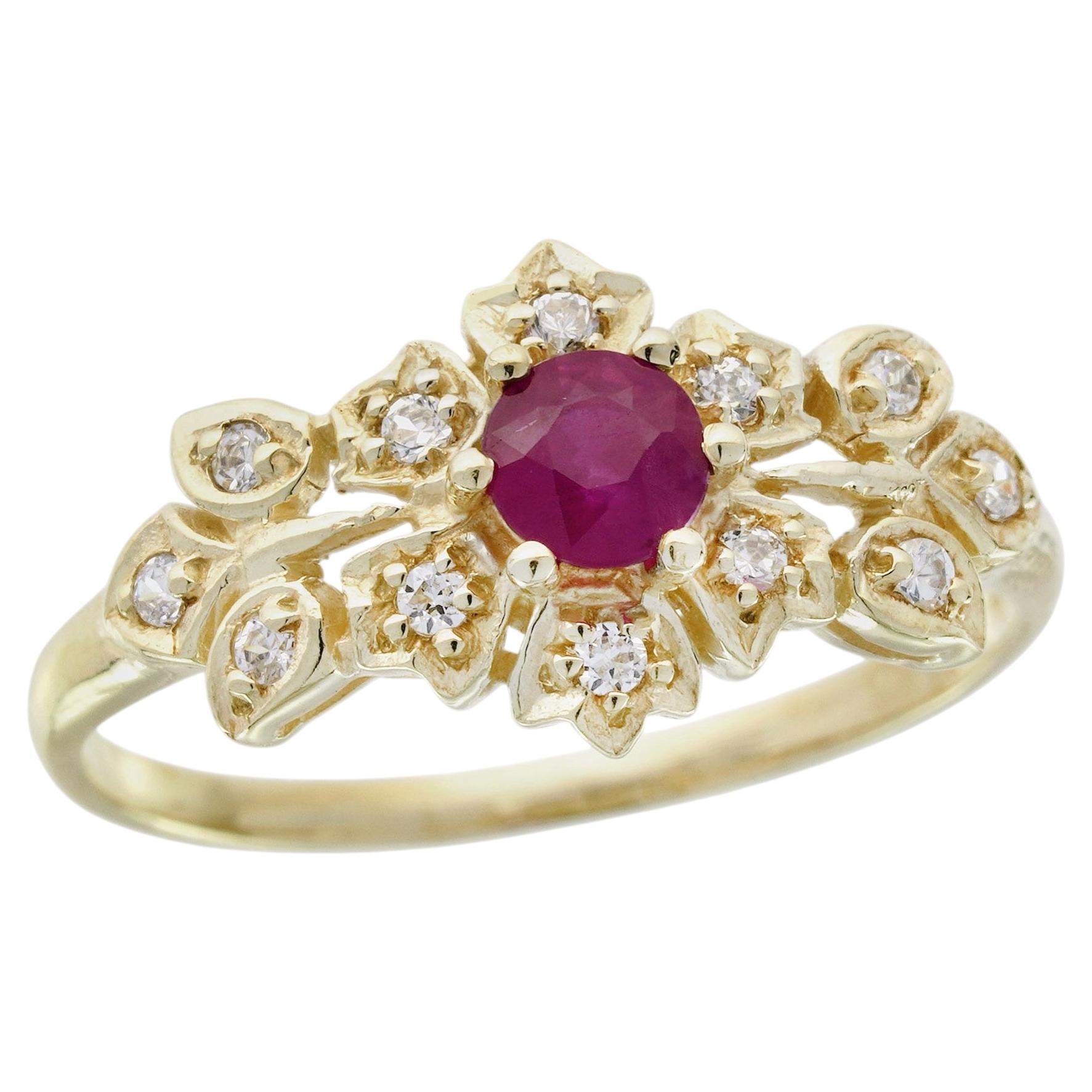 Anello floreale in oro giallo 14K con rubino naturale massiccio e diamante in stile vintage