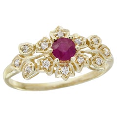 14K Yellow Gold Solid Natural Ruby Diamond Vintage Style Floral Ring