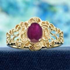 14K Yellow Gold Solid Natural Ruby Vintage Style Floral Filigree Engagement Ring