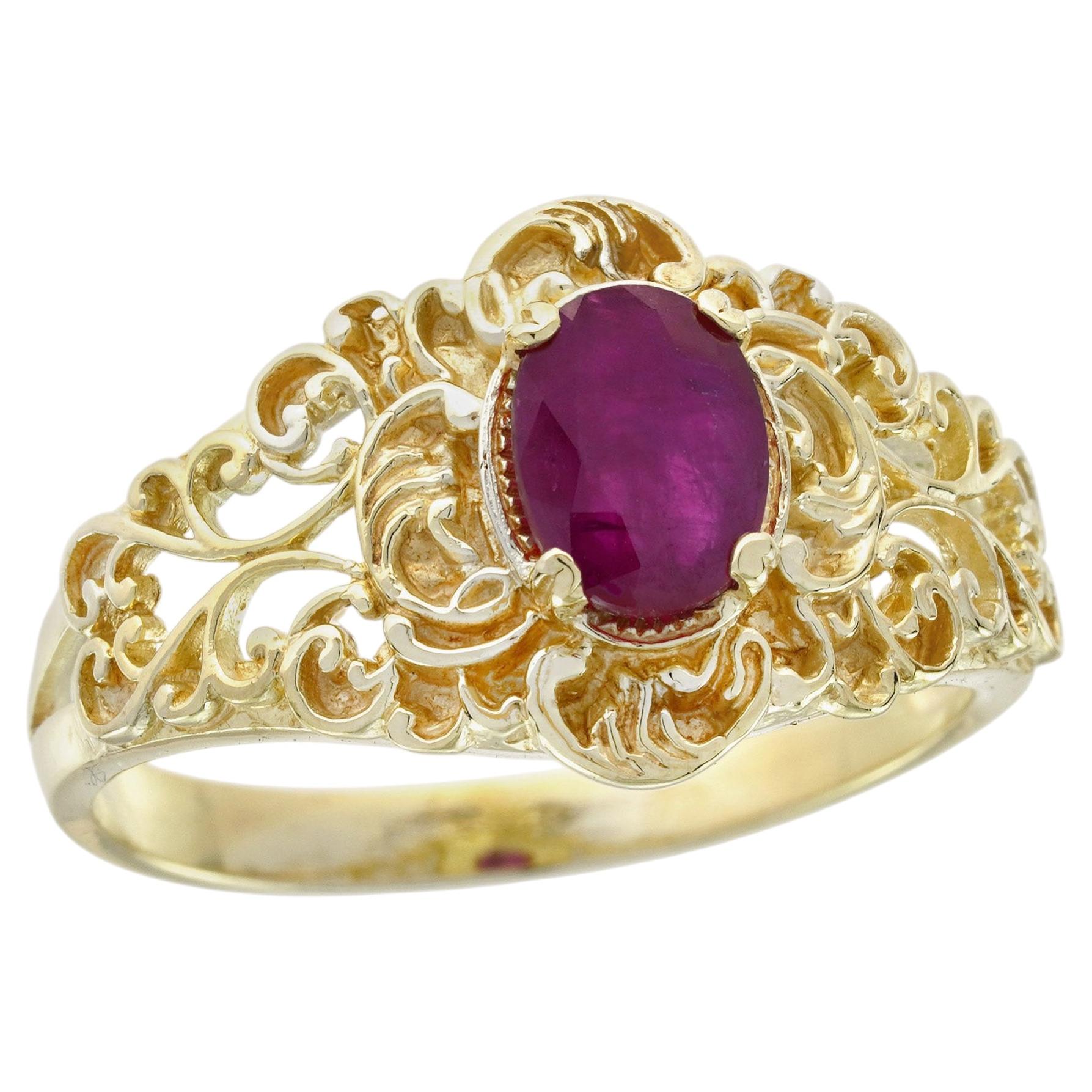 Bague de fiançailles en or jaune 14 carats massif, rubis naturel, filigrane floral de style vintage