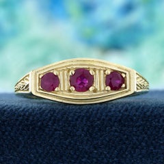 14K Yellow Gold Solid Natural Ruby Vintage Style Three Stone Filigree Ring