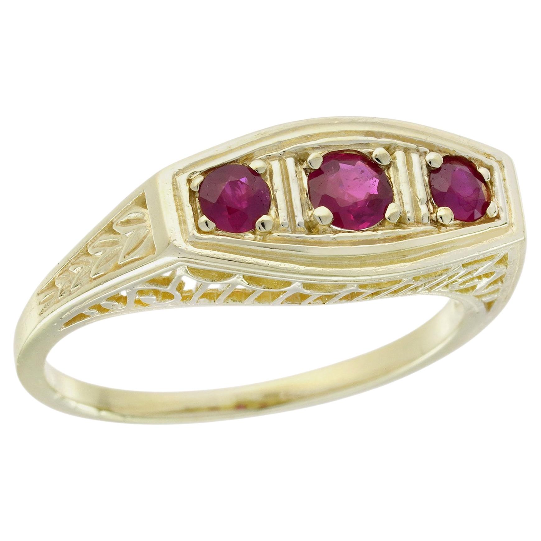 Ruby Filigree Three Stone Ring in 14K Yellow Gold For Sale