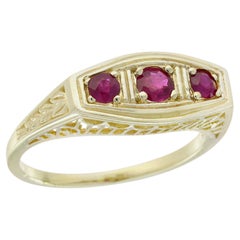 14K Yellow Gold Solid Natural Ruby Vintage Style Three Stone Filigree Ring