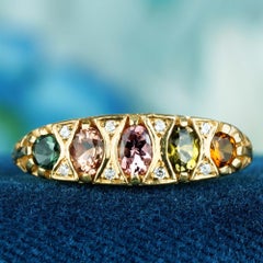 14K Gelbgold Massiv Natürlicher Turmalin Diamant Vintage Style Fünf Stein Ring