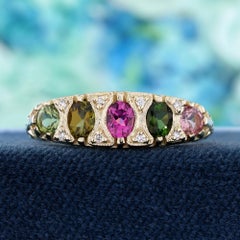 Natural Tourmaline Diamond Victorian Style Lattice Band Ring in Solid 9K Gold