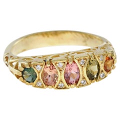 14K Gelbgold Massiv Natürlicher Turmalin Diamant Vintage Style Fünf Stein Ring