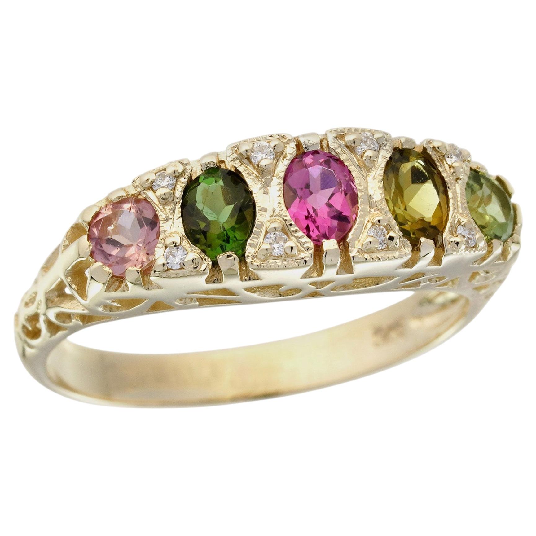 Natural Tourmaline Diamond Victorian Style Lattice Band Ring in Solid 9K Gold For Sale