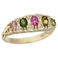 Natural Tourmaline Diamond Victorian Style Lattice Band Ring in Solid 9K Gold