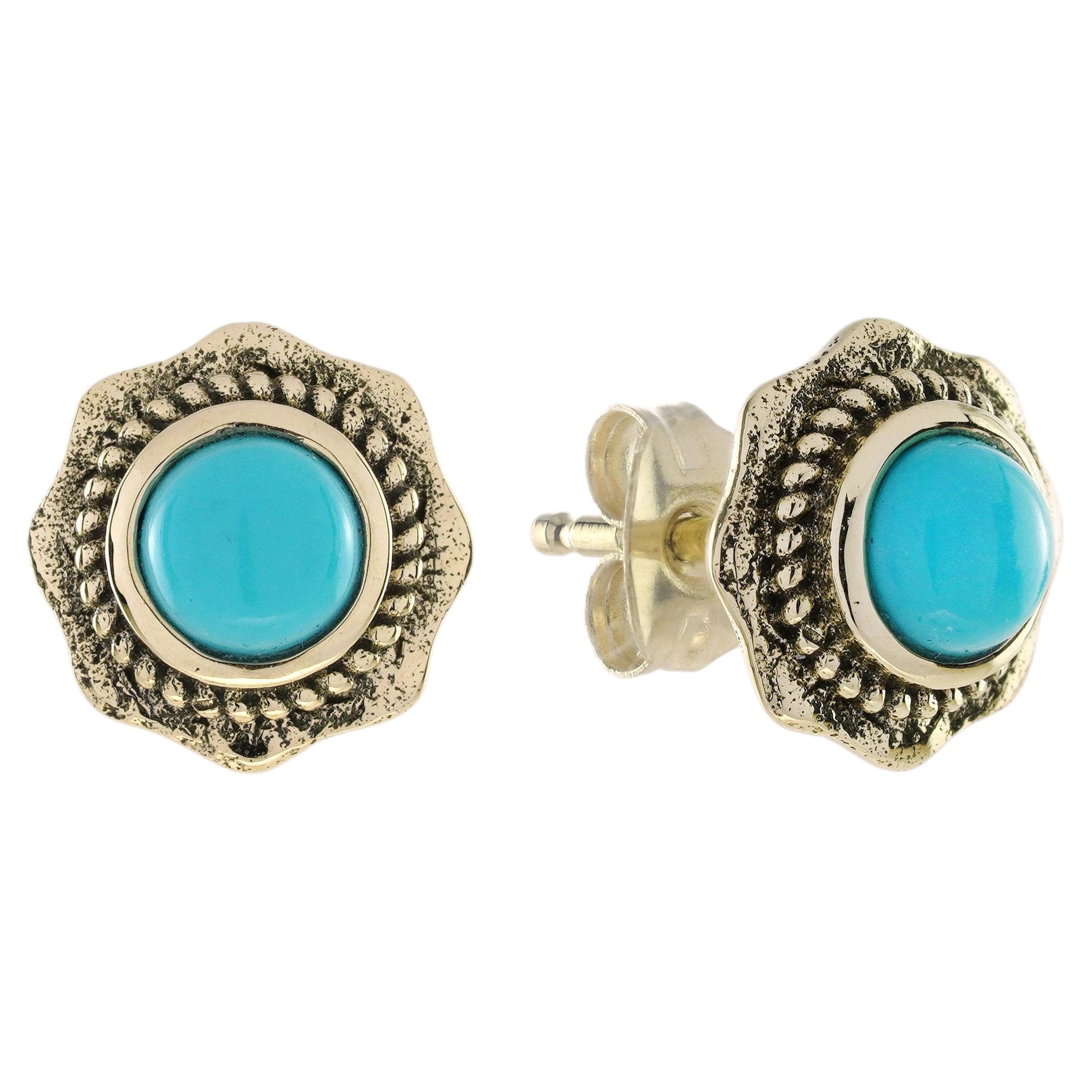14K Yellow Gold Solid Natural Turquoise Vintage Style Stud Earrings For Sale