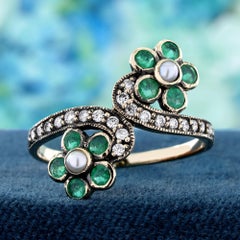 14K Yellow Gold Solid Pearl Emerald Diamond Victorian Style Floral Ring