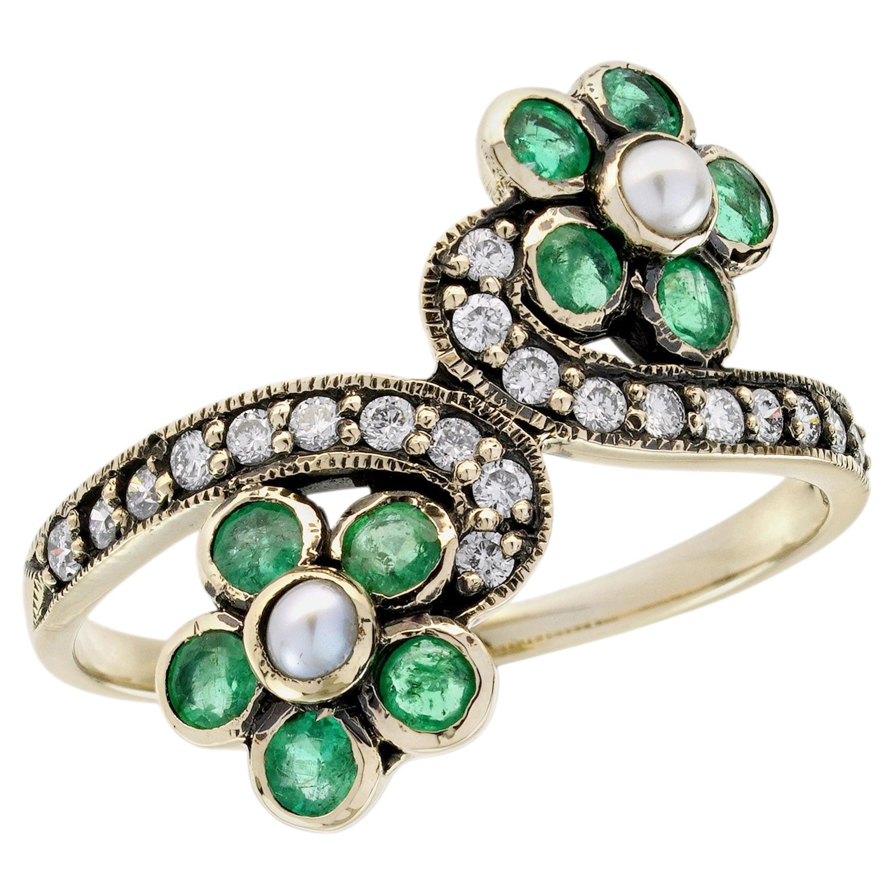 Bague en or jaune 14K perle émeraude diamant style victorien