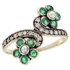 14K Yellow Gold Solid Pearl Emerald Diamond Victorian Style Floral Ring
