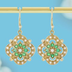 14K Gelbgold Massiv Perle Smaragd Vintage Stil Floral Cluster Tropfen Ohrringe