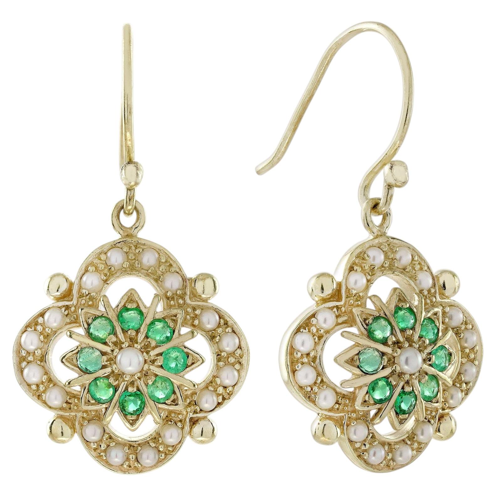 14K Yellow Gold Solid Pearl Emerald Vintage Style Floral Cluster Drop Earrings