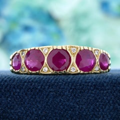 14K Yellow Gold Solid Ruby and Diamond Vintage Style Five Stone Ring