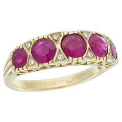 14K Yellow Gold Solid Ruby and Diamond Vintage Style Five Stone Ring